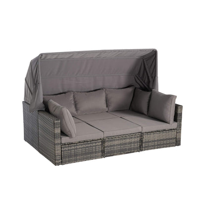 Outdoor sofa with cushions and canopy on a white background