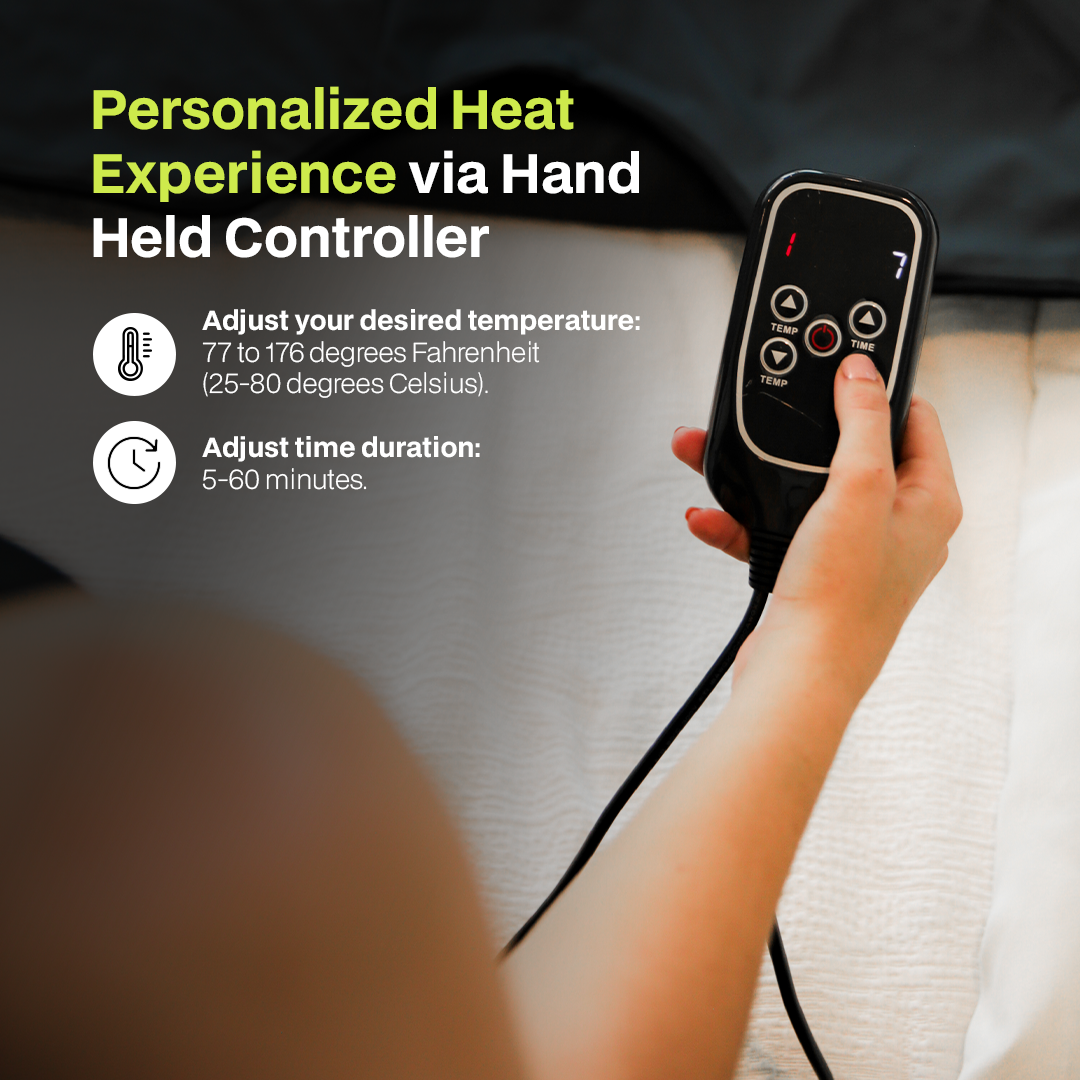 Handheld controller for personalized heat experience with temperature and time adjustment options.