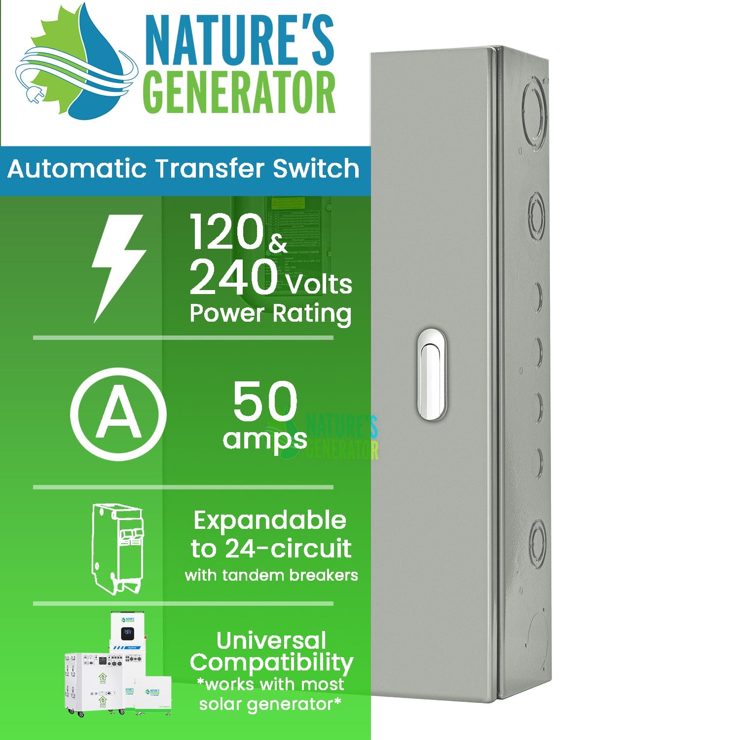 Nature's Generator automatic transfer switch with specifications on a green and white background