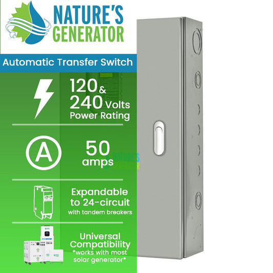 Nature's Generator automatic transfer switch with specifications on a green and white background