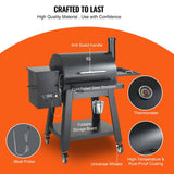 Grill with features highlighted on an orange background