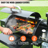 Grill with food being cooked, featuring text about wood-smoked flavors and grill specifications.