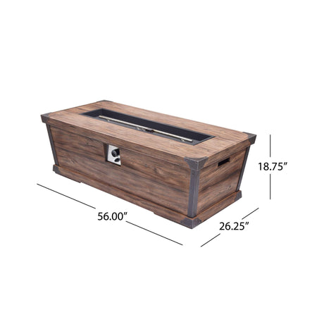 Wooden fire pit table with dimensions on a white background