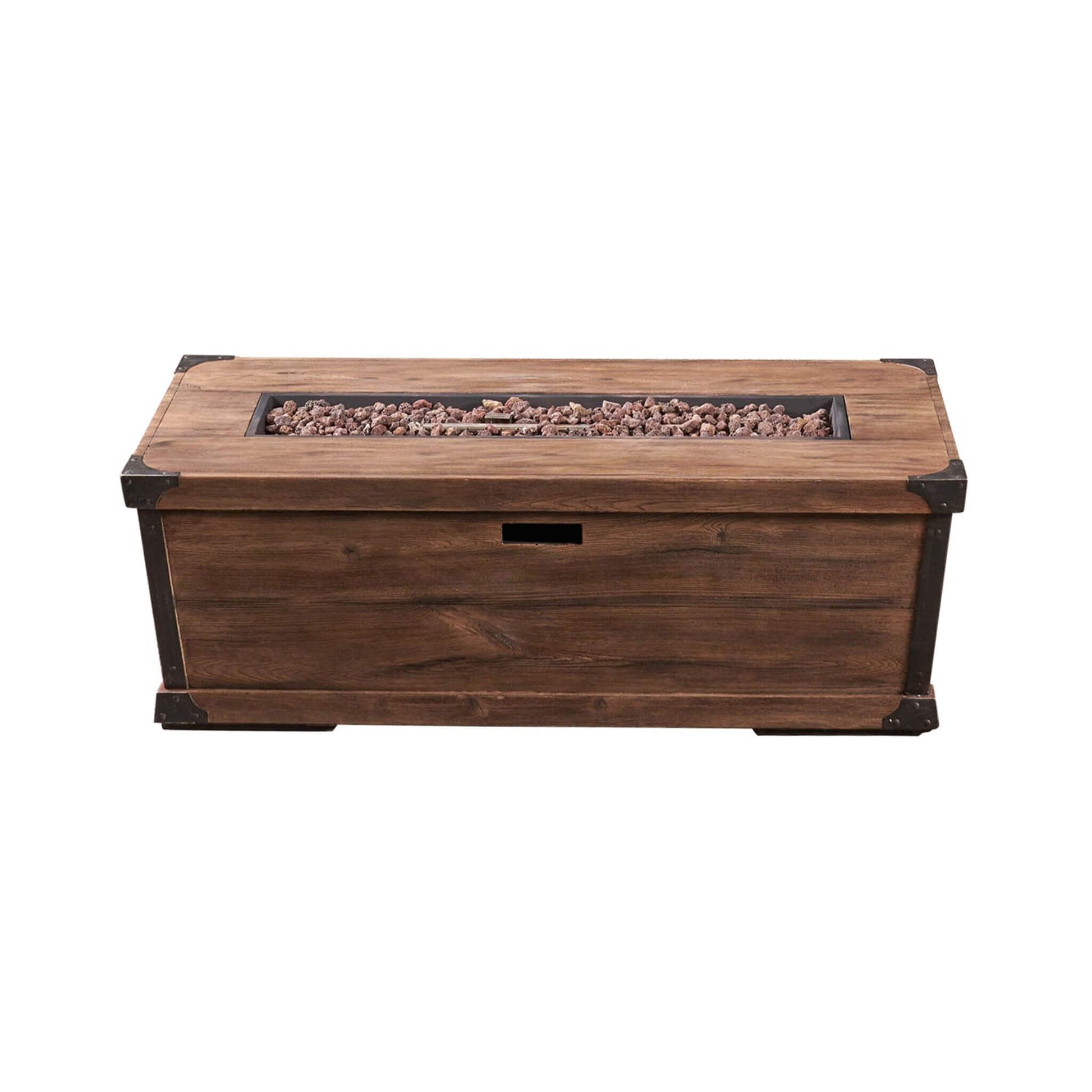 Wooden fire pit table with decorative elements on a white background