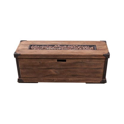 Wooden fire pit table with decorative elements on a white background