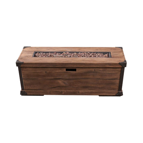 Wooden fire pit table with decorative elements on a white background