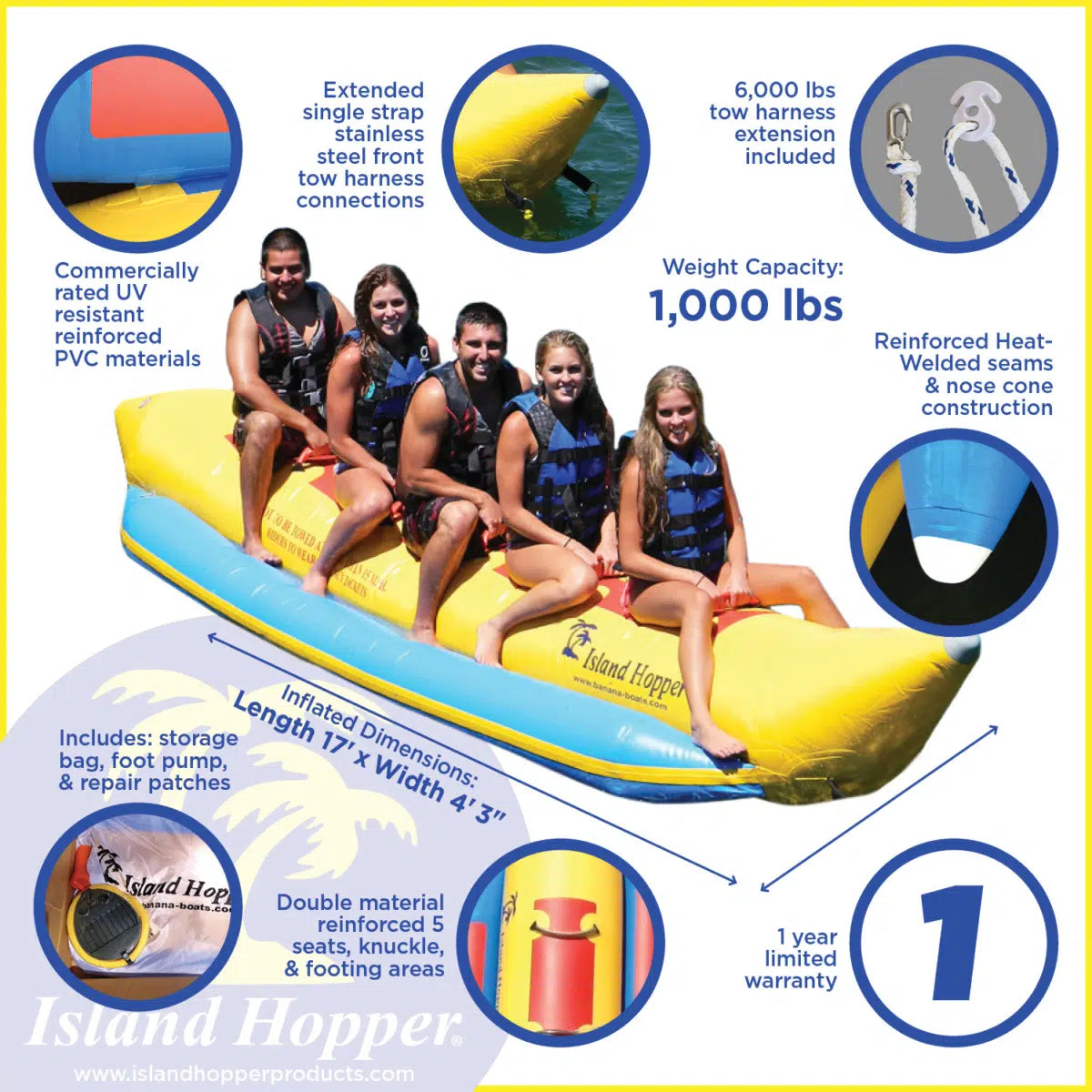 Island Hopper 5 Person Inflatable Banana Boat Towable Tube