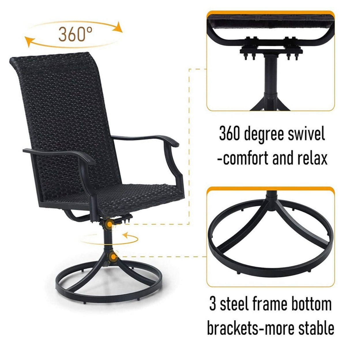 Black swivel chair with 360-degree swivel feature and stability text on a white background