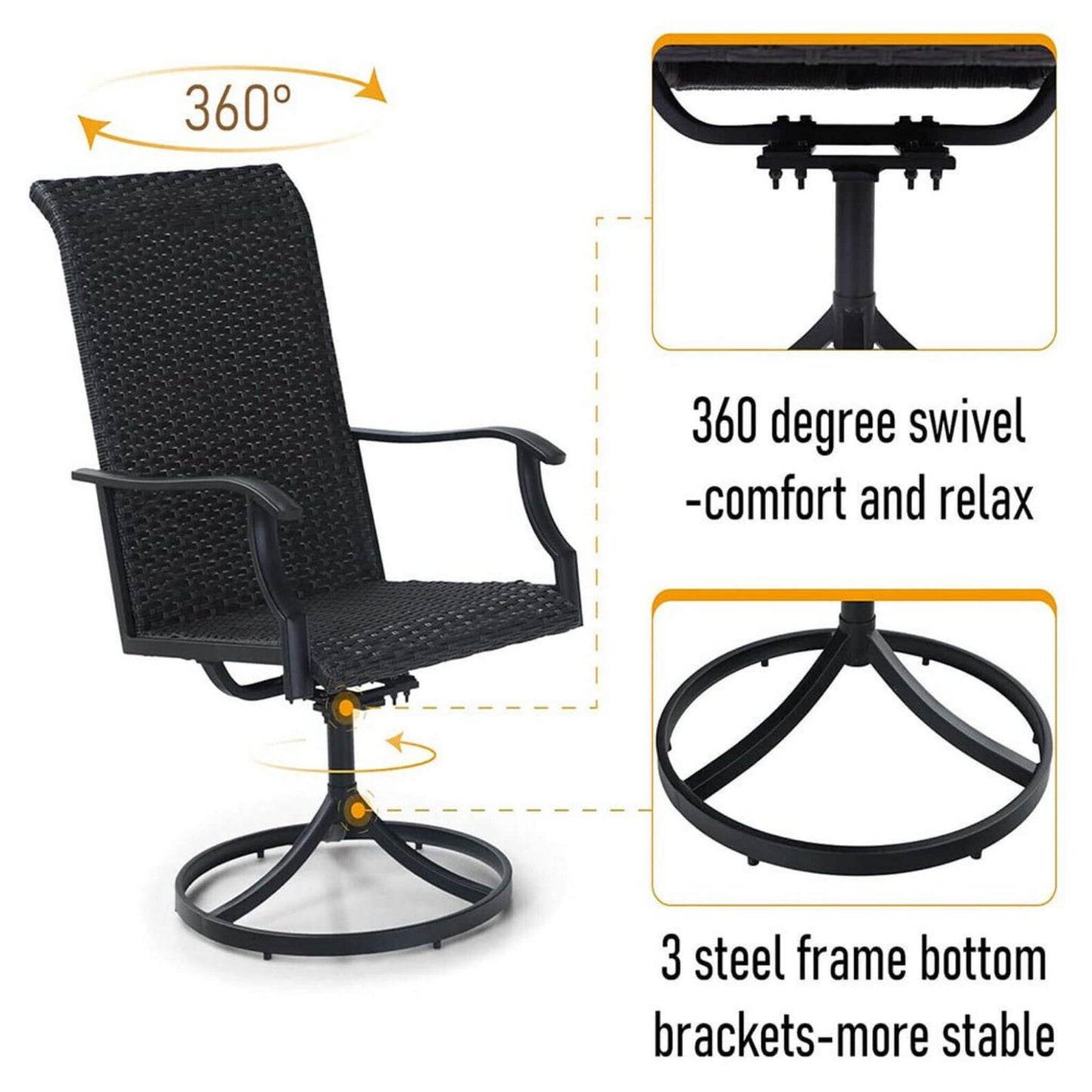 Black swivel chair with 360-degree swivel feature and stability text on a white background