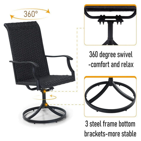 Black swivel chair with 360-degree swivel feature and stability text on a white background