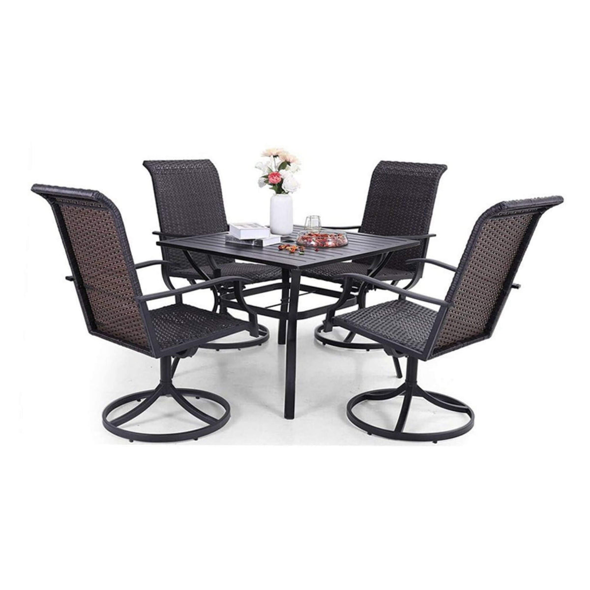 Black outdoor dining set with four swivel chairs on a white background