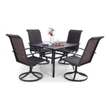 Black outdoor dining set with four swivel chairs on a white background