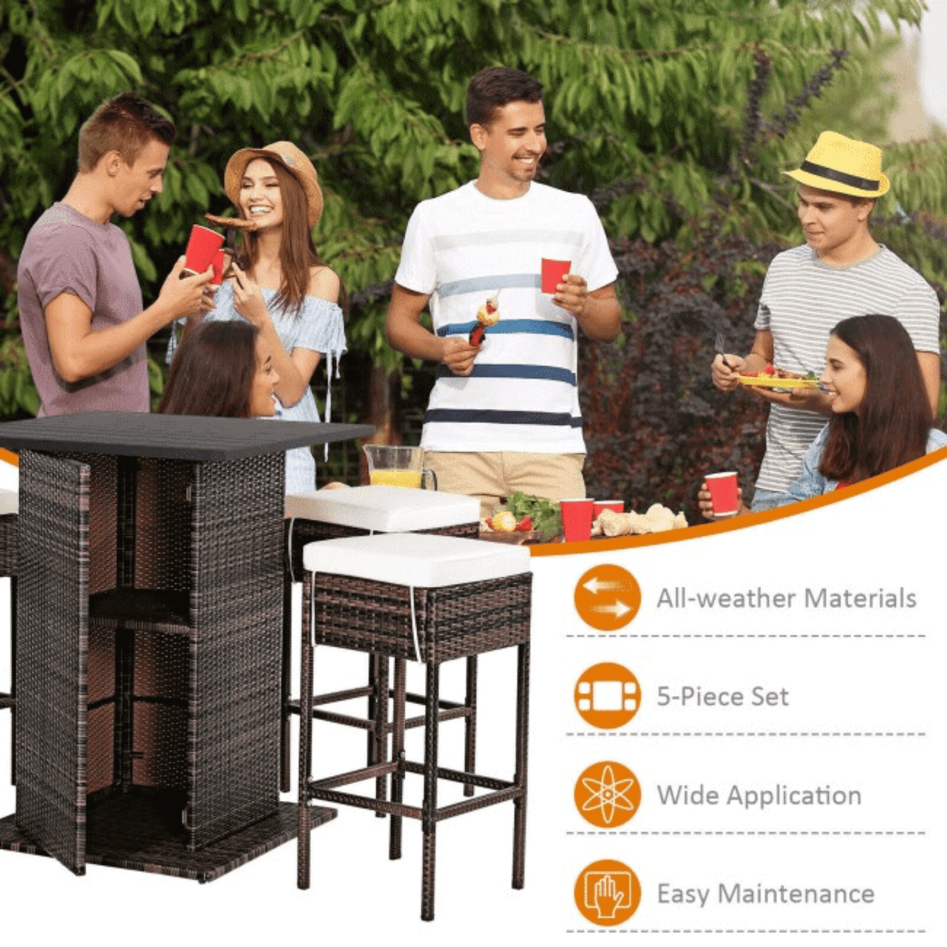 Outdoor patio set with people enjoying a meal, featuring text about product features.