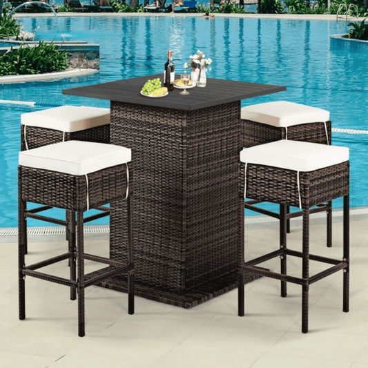 Outdoor patio set with a high table and stools by a pool