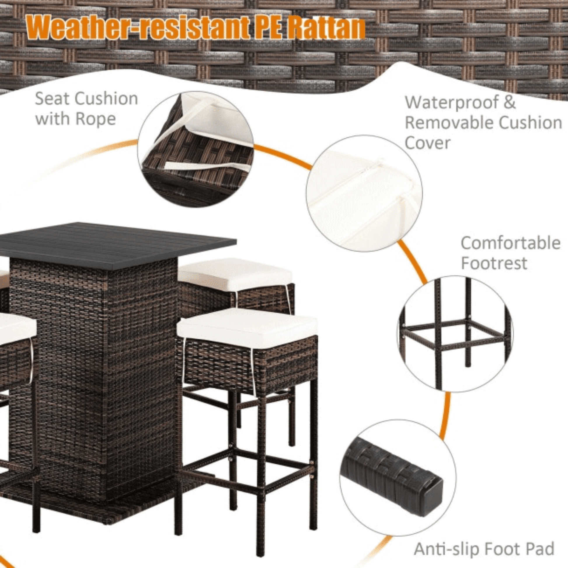 Outdoor furniture set with weather-resistant PE rattan, seat cushions with rope, waterproof cover, and anti-slip foot pad.