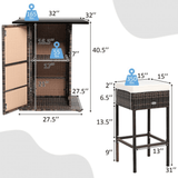 Dimensions of a wicker bar cart and side table on a white background