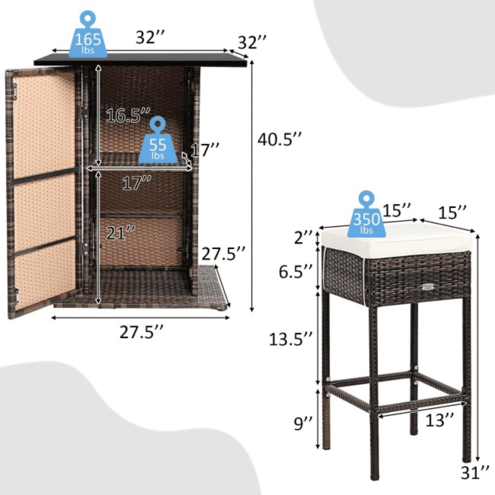 Dimensions of a wicker bar cart and side table on a white background