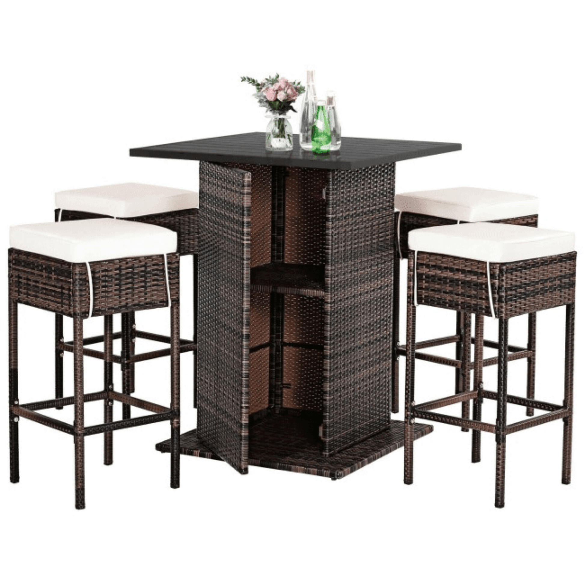 Outdoor patio set with a high table and four stools on a white background