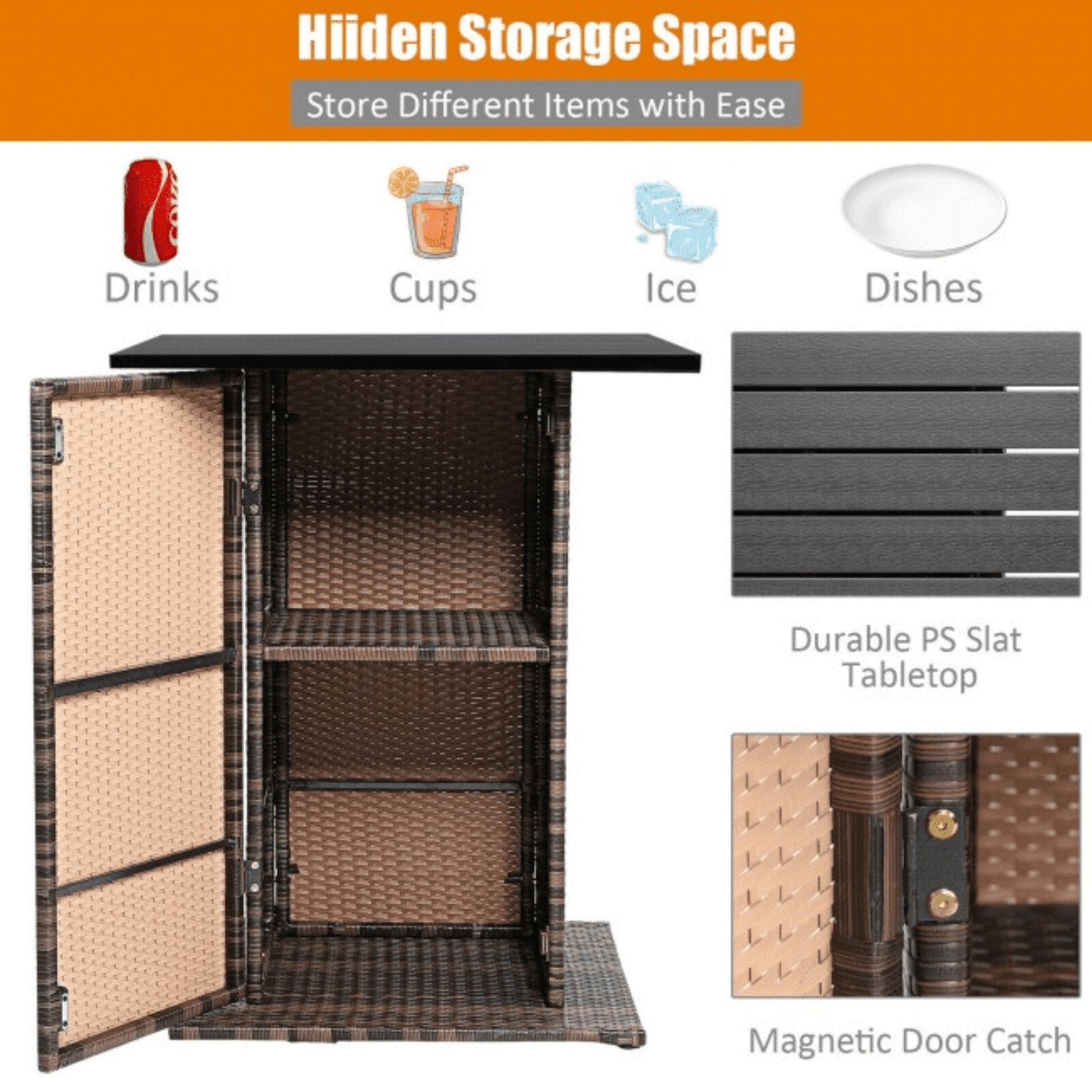 Outdoor storage cabinet with wicker design and open doors showing interior shelves.