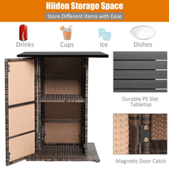 Outdoor storage cabinet with wicker design and open doors showing interior shelves.