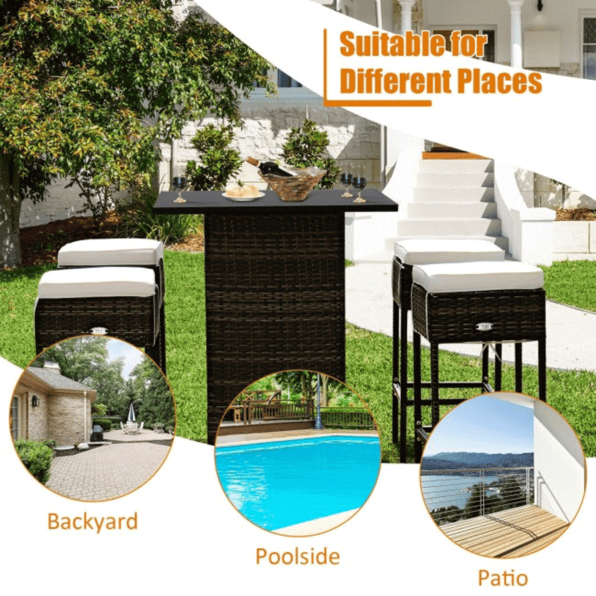 Outdoor furniture set with table and stools in a backyard setting, suitable for different places including poolside and patio.