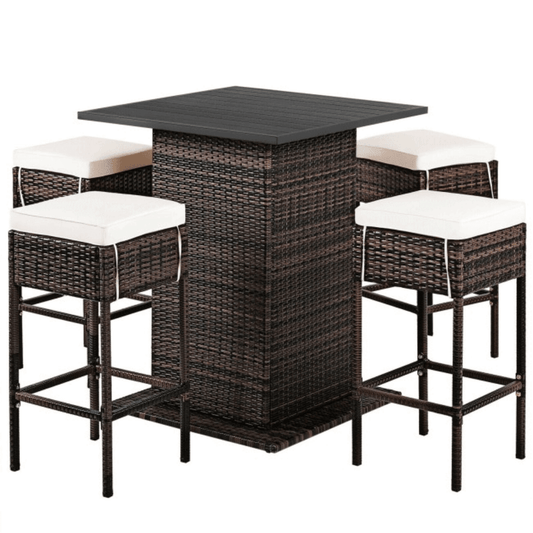 Outdoor patio set with a square table and four stools on a white background