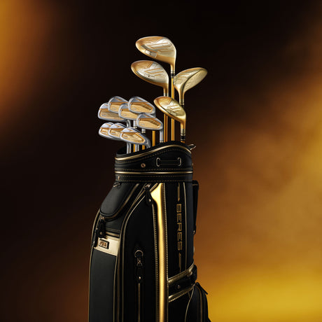 Set of honma 5 star clubs in a black and gold  honma bag against a warm gradient background