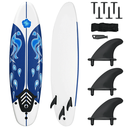 Two surfboards with blue and white designs, accompanied by black fins on a white background.