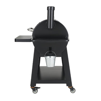 Black barbecue grill with a bucket on a white background