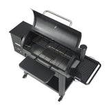 Black barbecue grill with open lid on a white background