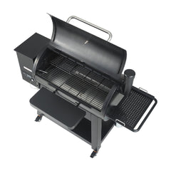Black barbecue grill with open lid on a white background