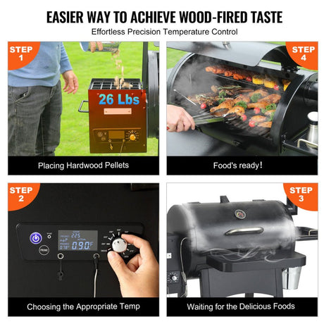 Step-by-step guide on using a wood-fired grill with images and text.