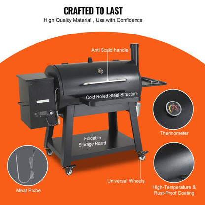 Black smoker grill with features highlighted on an orange background
