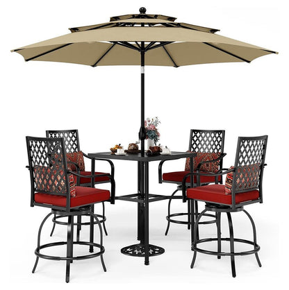 6‑Piece Outdoor Patio Bar Set with Dining Table, Umbrella, and Swivel Bar Stools (umbrella base not included)