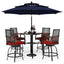 Outdoor patio set with table, chairs, and large umbrella on a white background