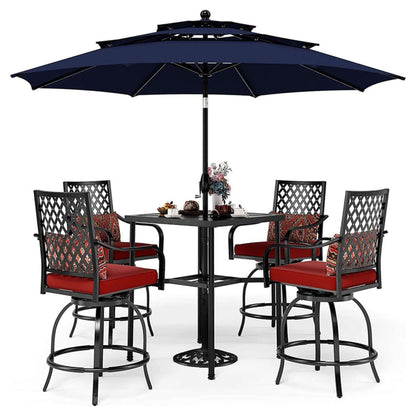 Outdoor patio set with table, chairs, and large umbrella on a white background