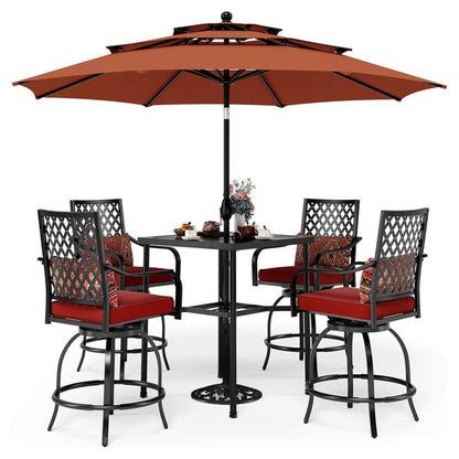 6‑Piece Outdoor Patio Bar Set with Dining Table, Umbrella, and Swivel Bar Stools (umbrella base not included)