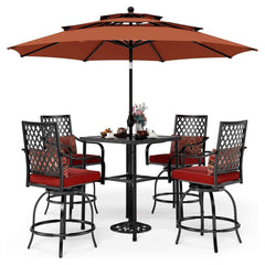 6‑Piece Outdoor Patio Bar Set with Dining Table, Umbrella, and Swivel Bar Stools (umbrella base not included)
