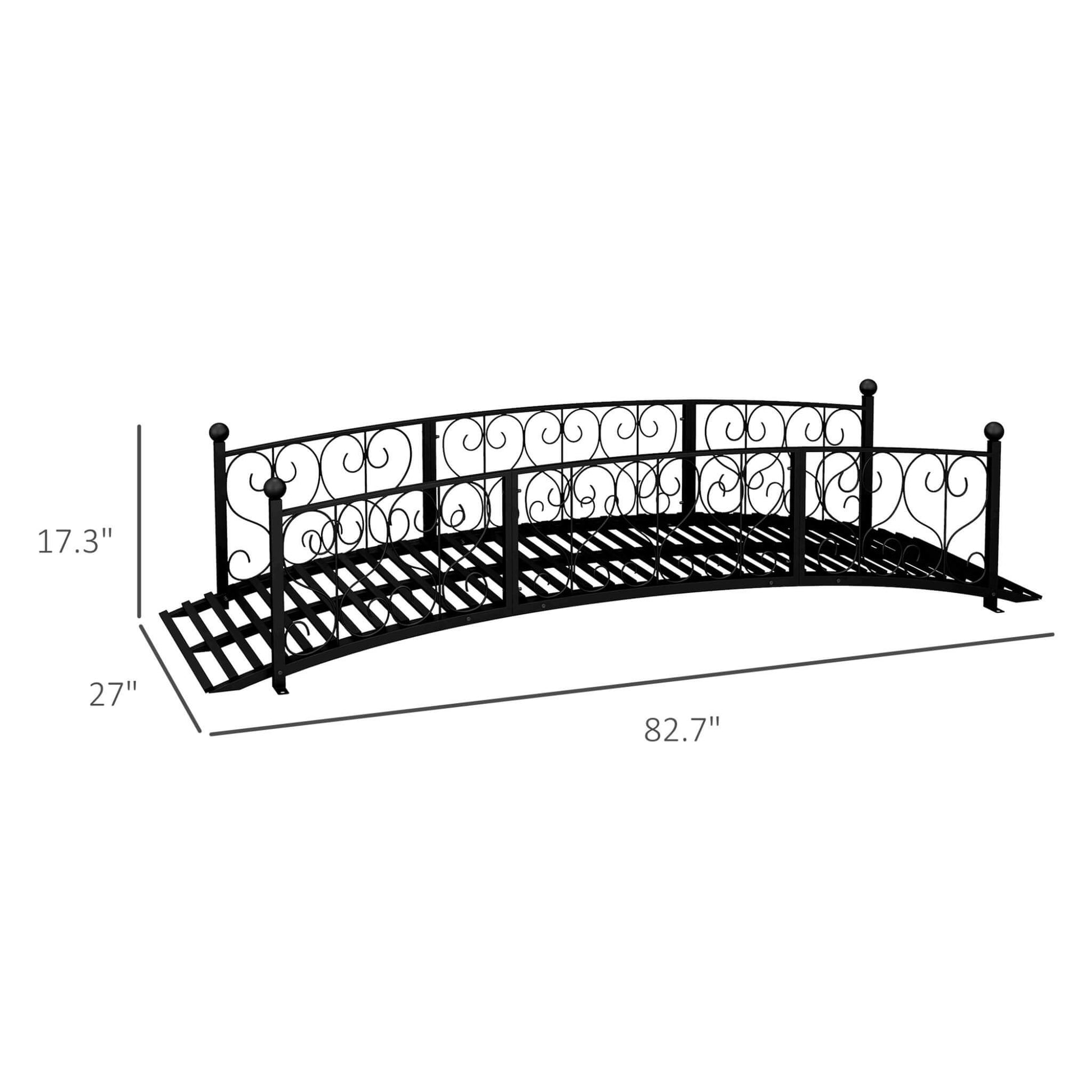 Black metal garden bridge with decorative railings and dimensions on a white background