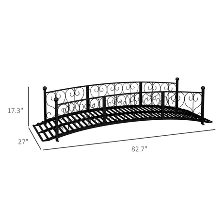 Black metal garden bridge with decorative railings and dimensions on a white background