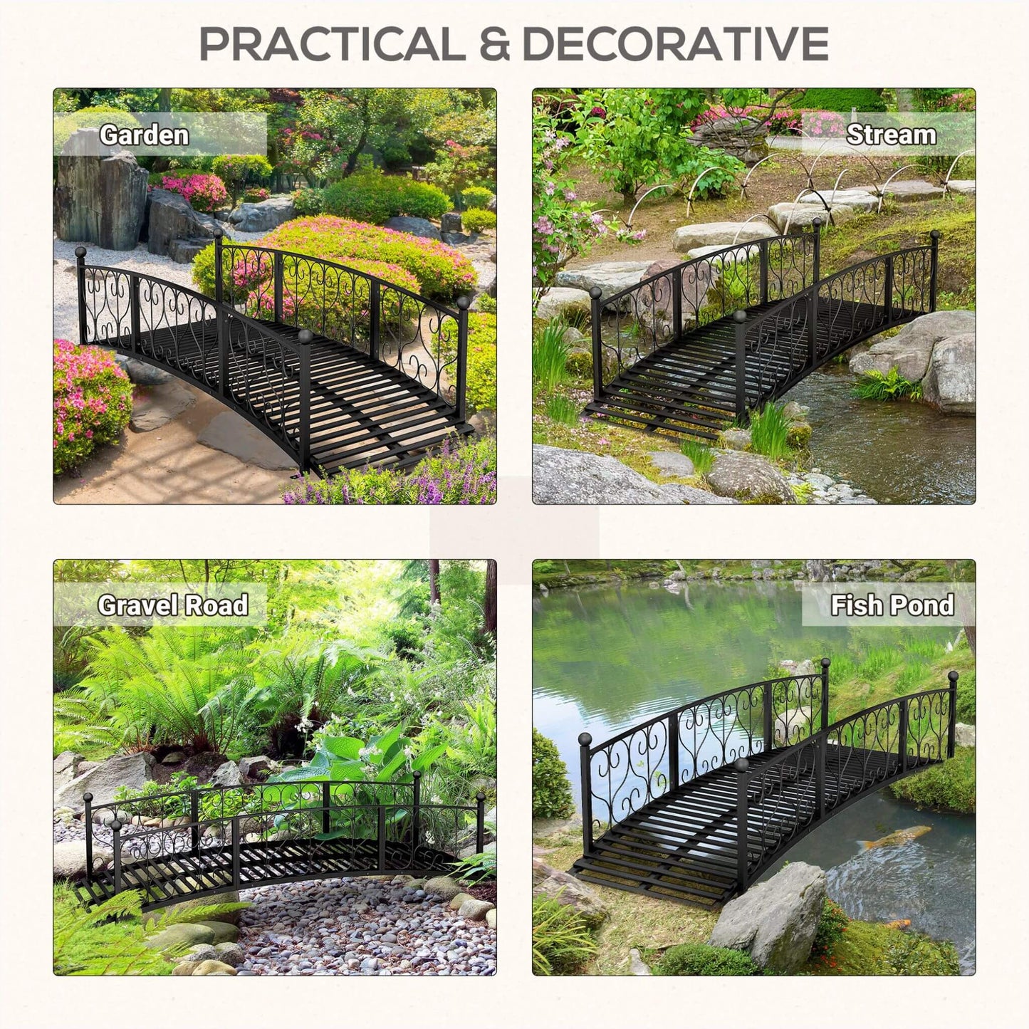 Black metal bridge shown in various outdoor settings including garden, stream, gravel road, and fish pond.