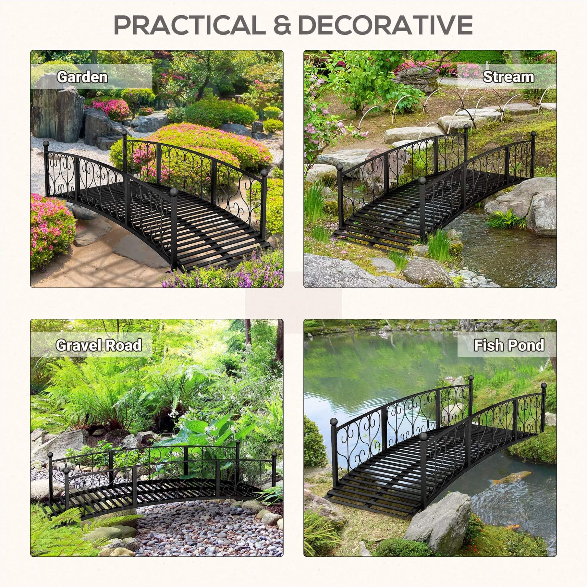Black metal bridge shown in various outdoor settings including garden, stream, gravel road, and fish pond.