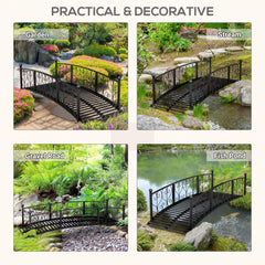 Black metal bridge shown in various outdoor settings including garden, stream, gravel road, and fish pond.