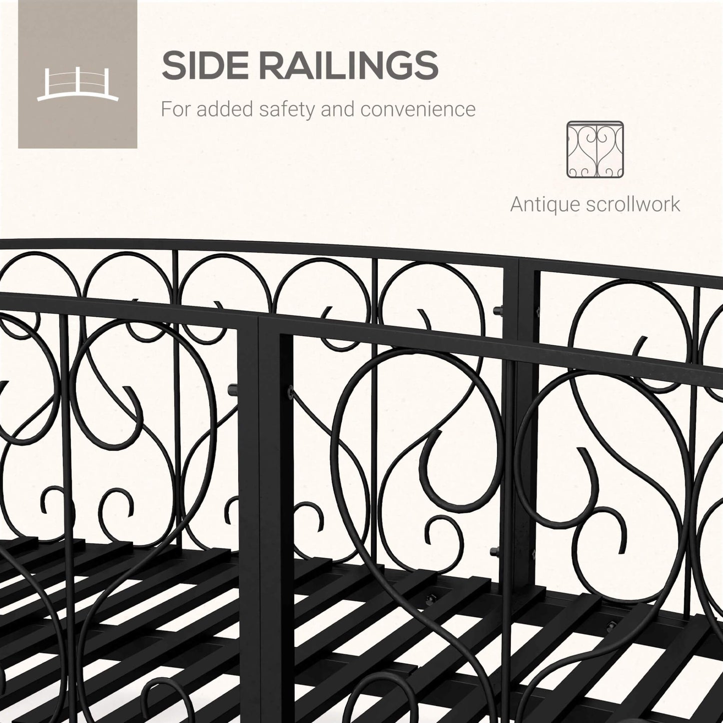 Black wrought iron side railings with antique scrollwork design on a white background.