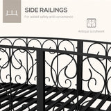 Black wrought iron side railings with antique scrollwork design on a white background.