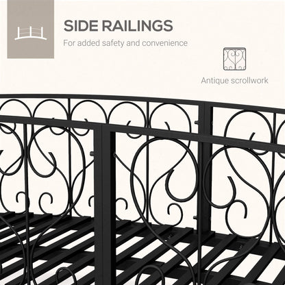 Black wrought iron side railings with antique scrollwork design on a white background.