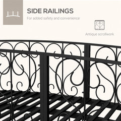 Black wrought iron side railings with antique scrollwork design on a white background.
