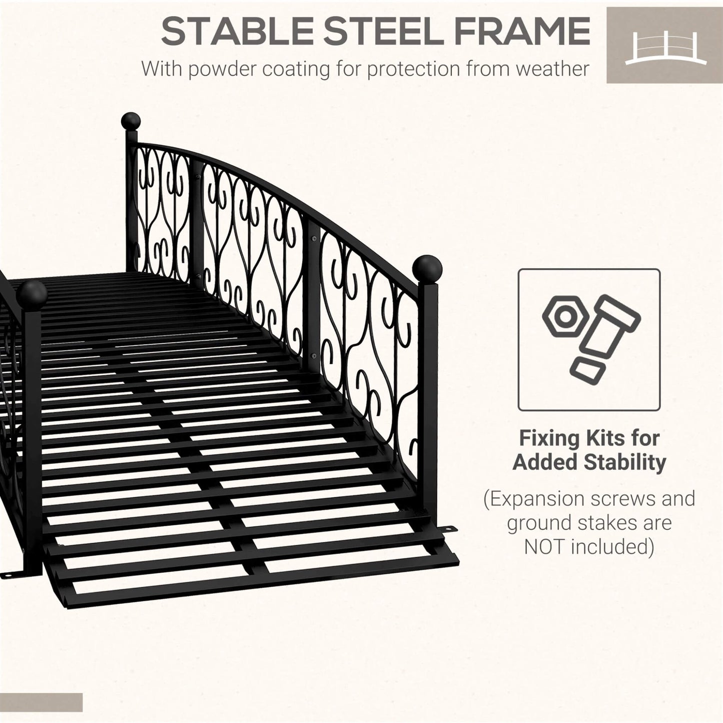 Black metal pet ramp with decorative design and text about stable steel frame and fixing kits.