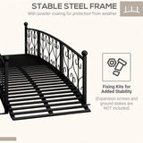 Black metal pet ramp with decorative design and text about stable steel frame and fixing kits.