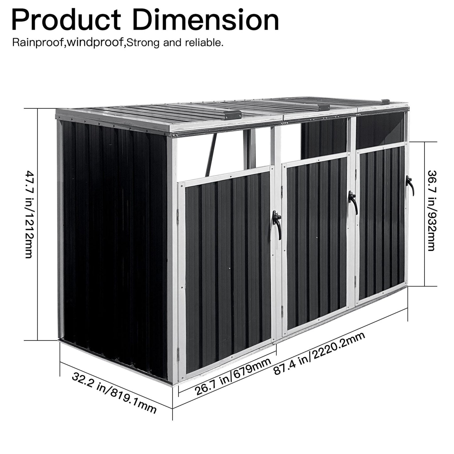 Dimensions of a black outdoor storage shed with text indicating features.